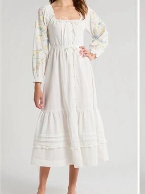 Damson Madder Junia Embroidered Long Sleeve Organic Cotton Midi Dress *Flaw